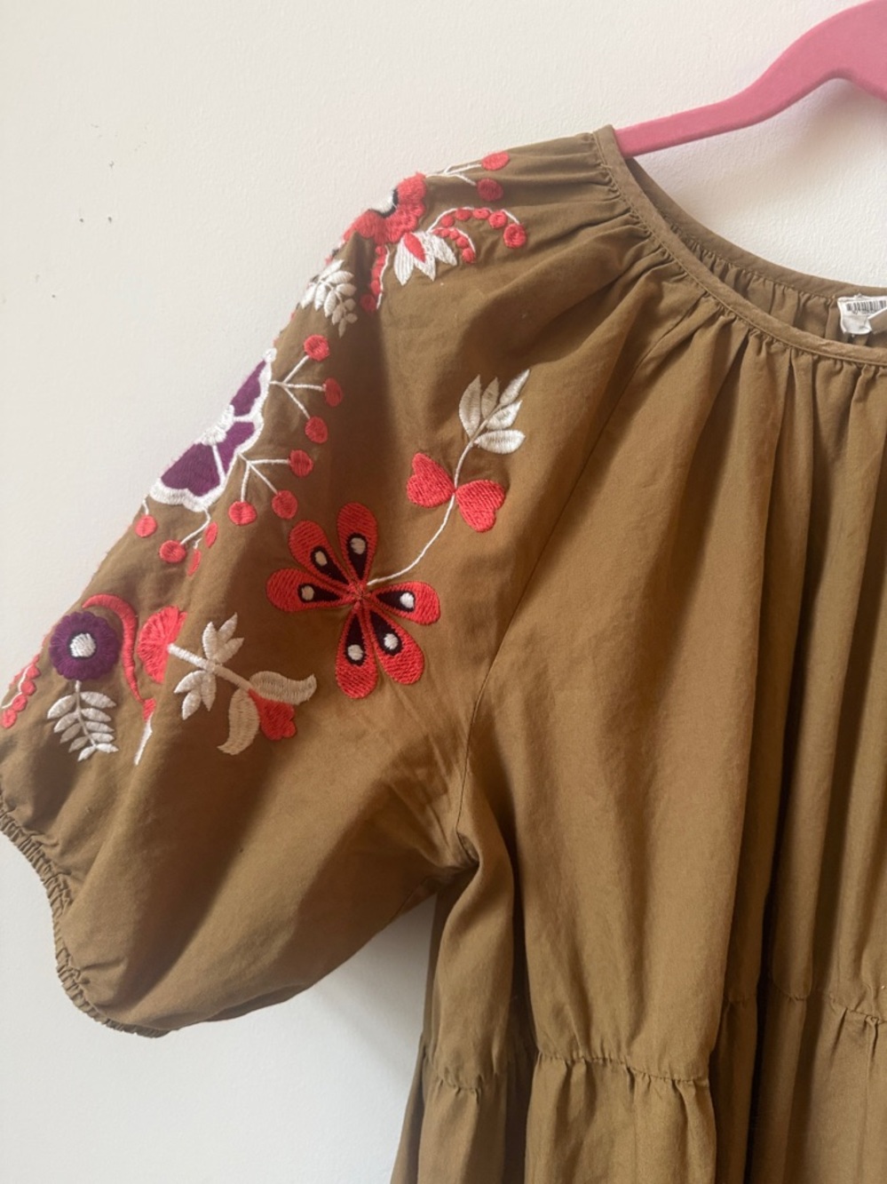 Embroidered Puff Sleeve Maxi Dress - Olive Brown with Floral Accents